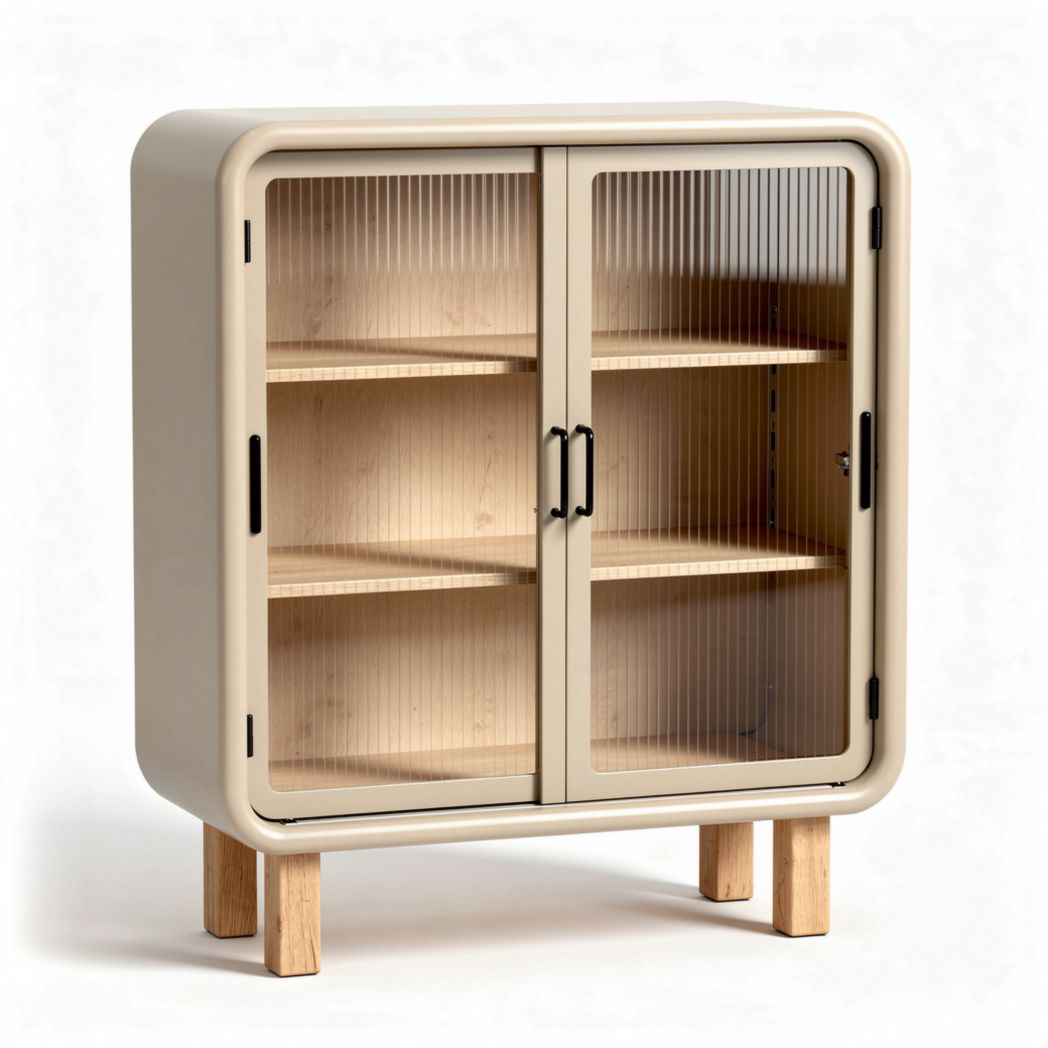 Kast met glazen deuren en houten legplanken in beige 80 x 40 x 100cm