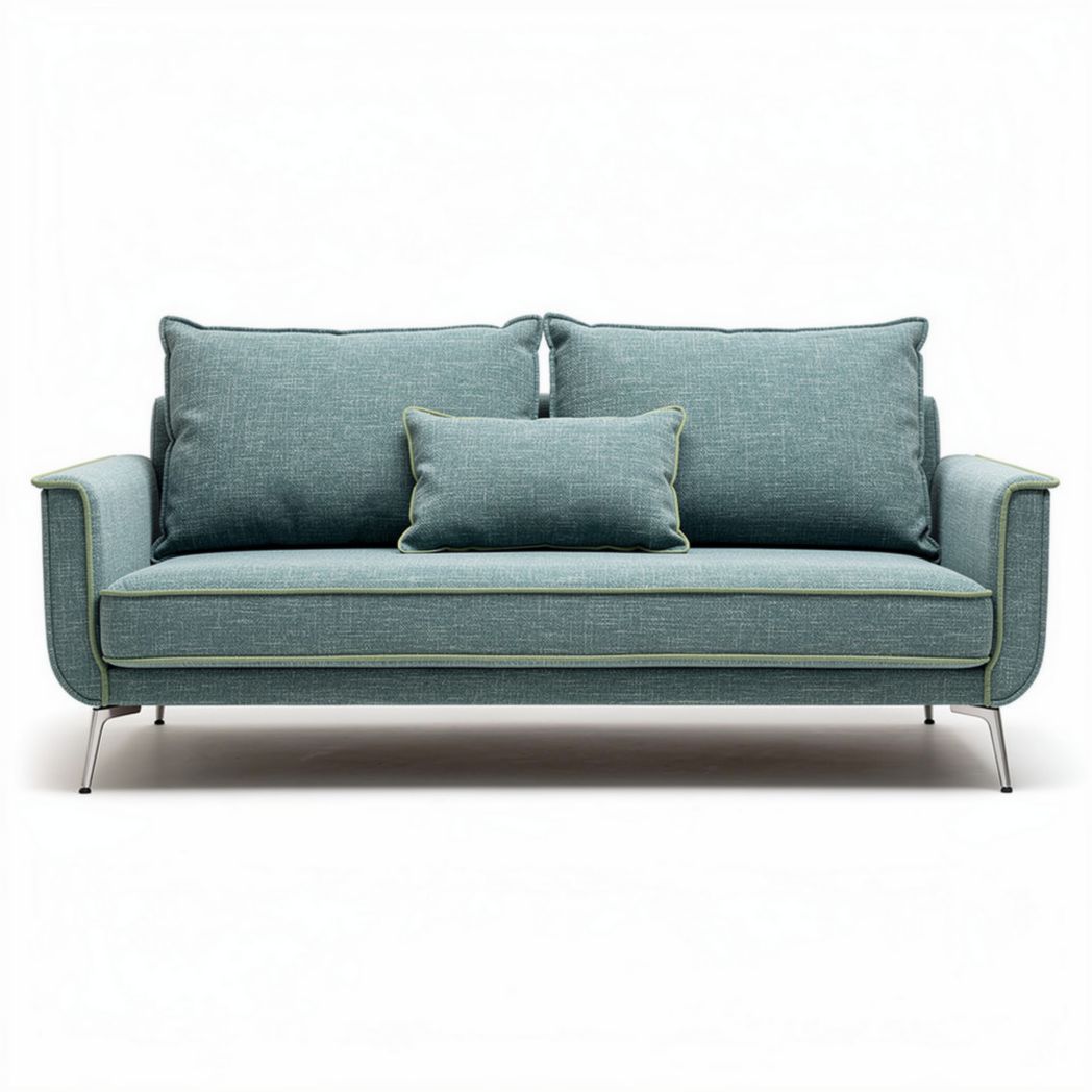 Drie-zits bank van stof in blauw met metalen poten en kussens 180 x 80 x 75cm