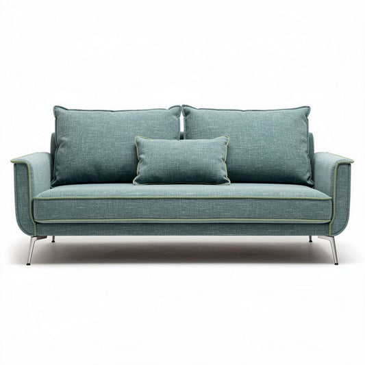 Drie-zits bank van stof in blauw met metalen poten en kussens 180 x 80 x 75cm