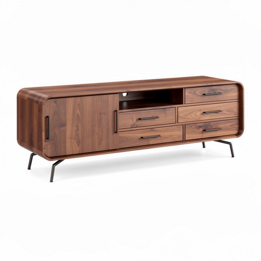 Lage houtkleurige tv-meubel met drie lades en open vakken 160 x 40 x 50cm