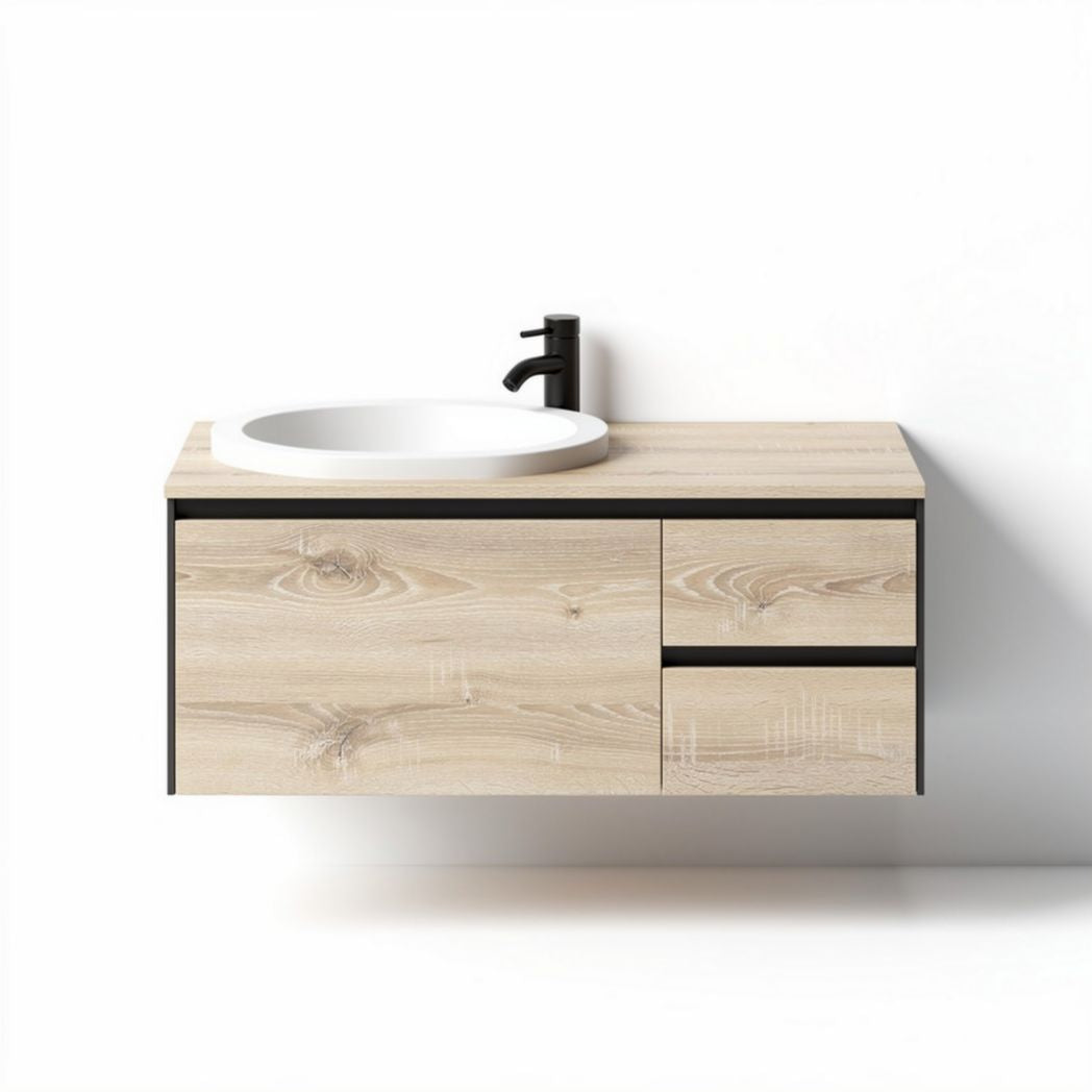 Wastafelmeubel van hout met zwarte accenten en rond spoelbak 80 x 50 x 20cm