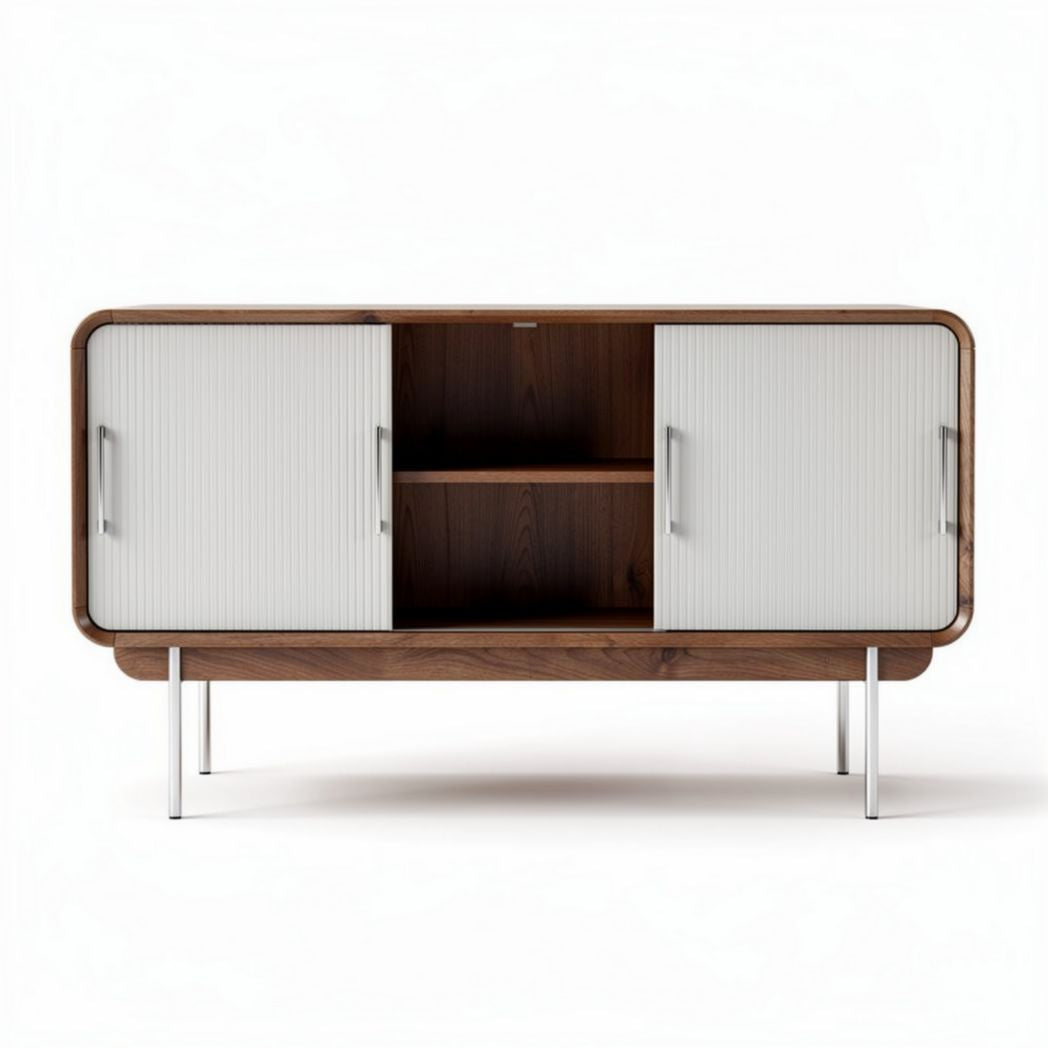 tv-meubel van hout met witte deuren en metalen poten 120 x 45 x 70cm