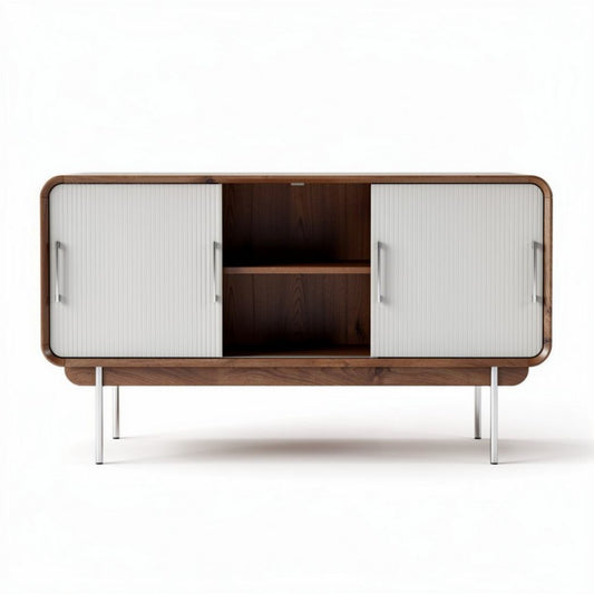 tv-meubel van hout met witte deuren en metalen poten 120 x 45 x 70cm